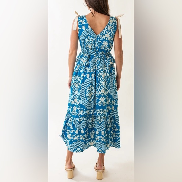 Moon River Blue & White Border Print Ruffle Tie Strap Midi Dress | Size S​ - Picture 4 of 11